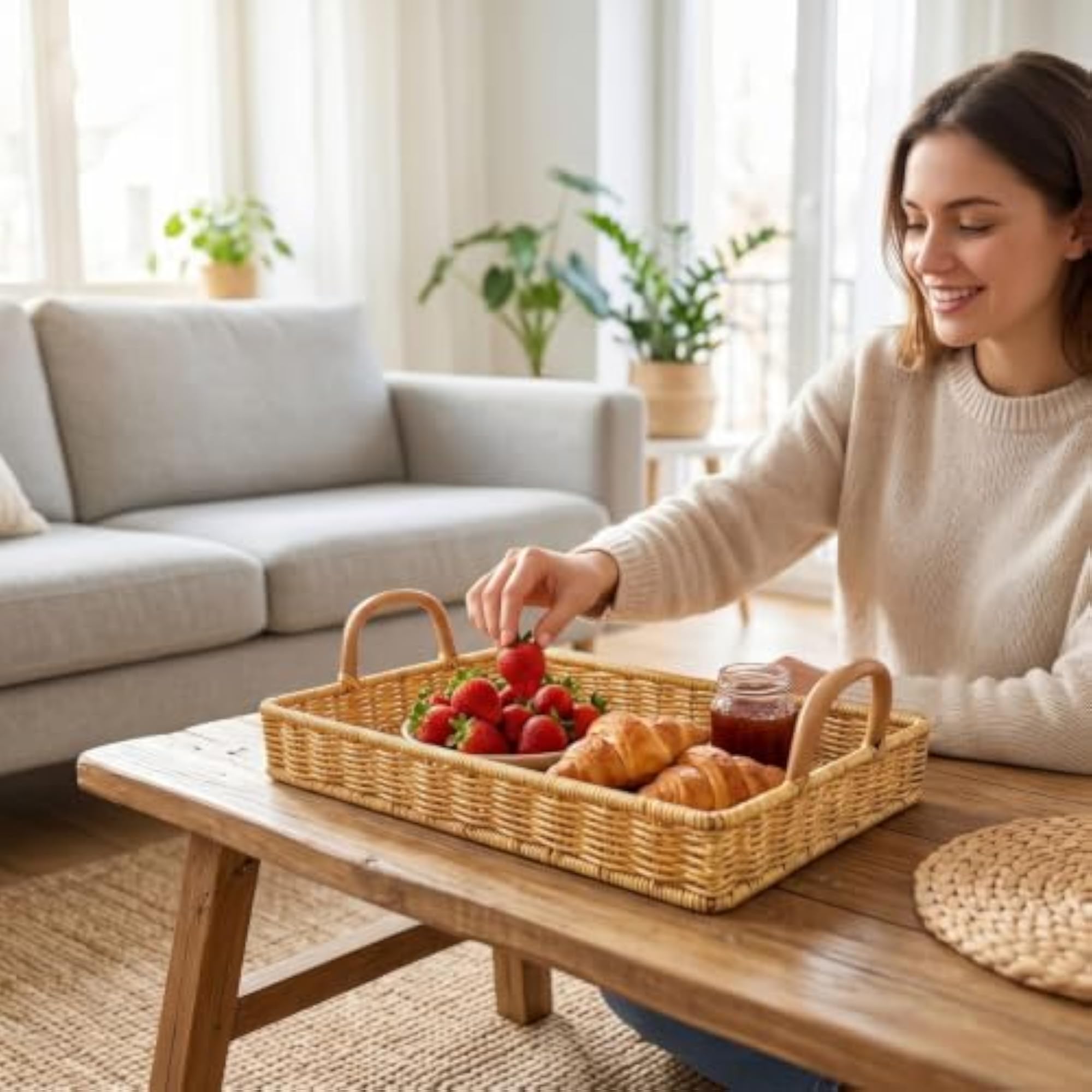 Rectangular Wicker Serving Basket with Handles